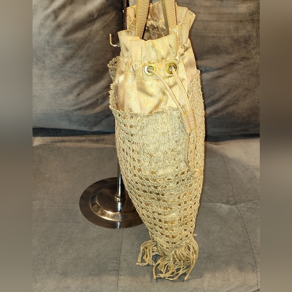 RARE FENDI S.A.S ZUCCA CROCHET GOLD  METALLIC DRAW-STRING FRINGE SHOULDER BAG - Picture 6 of 16